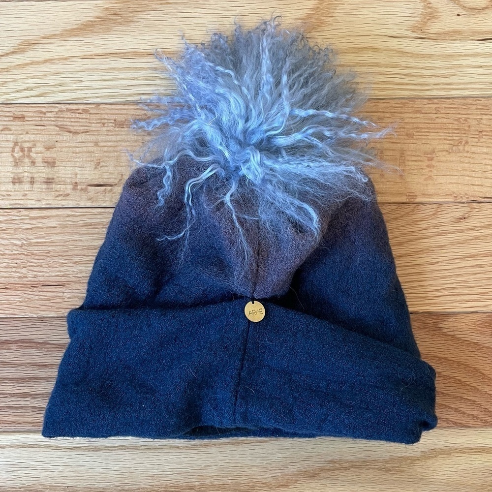 ARAE Blue Ombré Freya Boiled Wool Polar Fleece Mongolian Fur Pom Pom Beanie Hat
